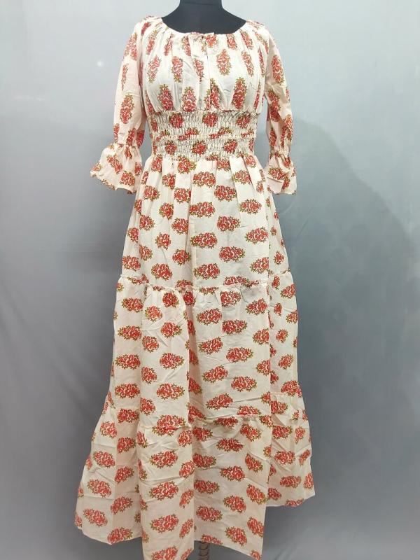 Orange Red Floral Print Maxi Gown with waistband made of Cotton fabric